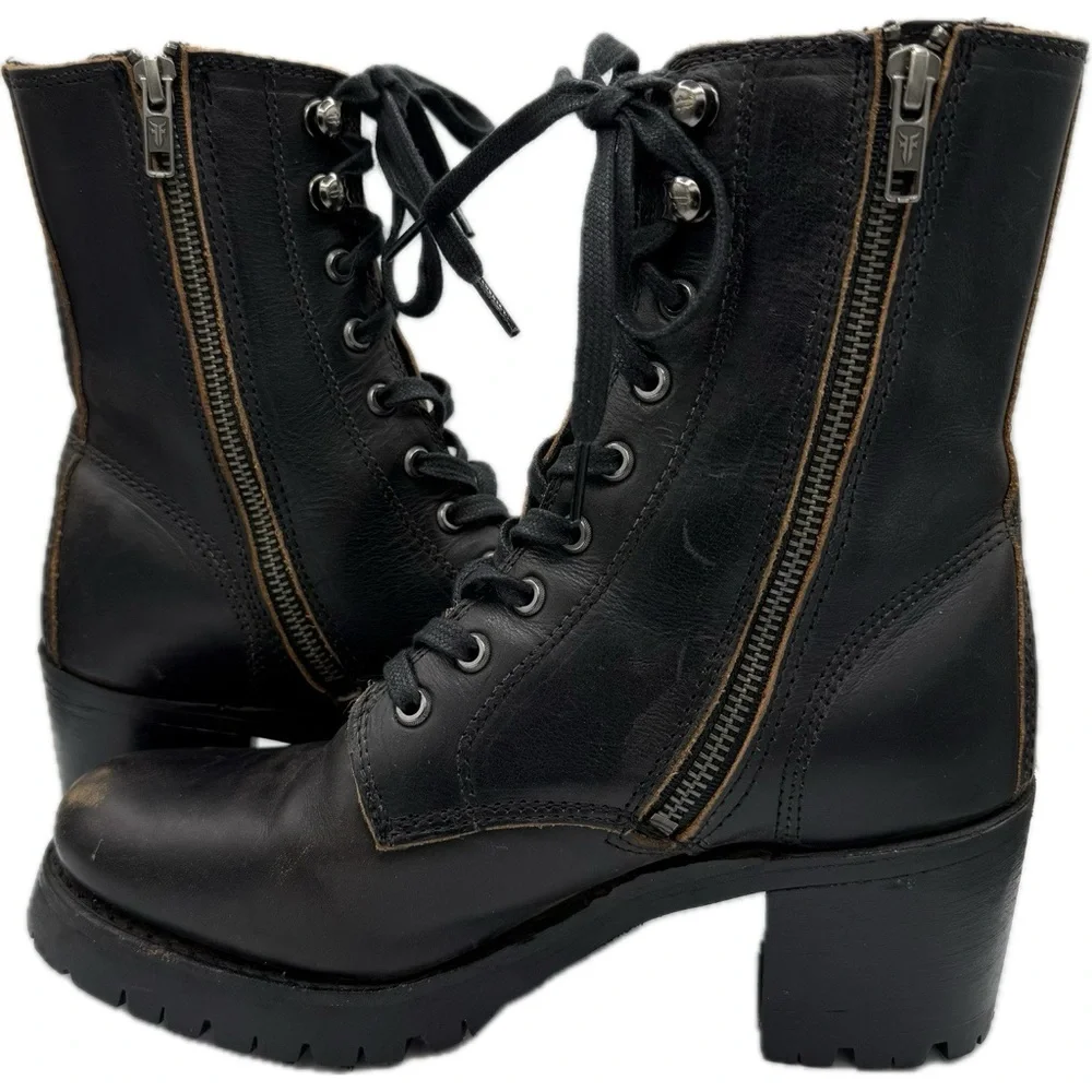 FRYE Black Leather Lace-Up Moto Boots Sabrina Sz 8 - Picture 4 of 12